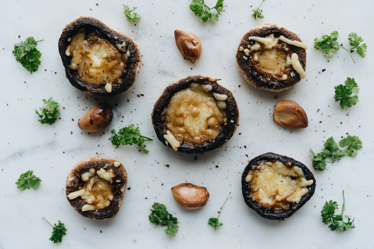 Mushrooms Stuffed with Leeks, Goats Cheese and Hazelnuts